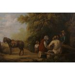 After Morland, C19th oil on canvas, travellers resting in the shade of a tree, 13" x 8½"