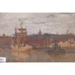 V.P. Yglesias, oil on canvas, port scene with a three masted sailing ship, signed, A/F holes in