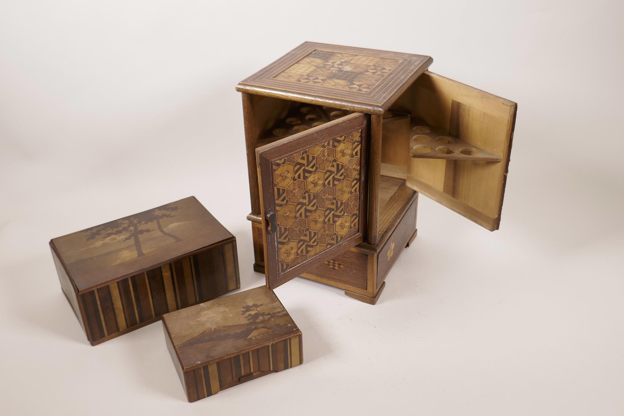 A Japanese Meiji period marquetry inlaid cigarette/cigar box, 9¾" high x 6½" square, and two - Image 2 of 2