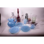 A good quantity of decorative glassware including flash cut Bohemian decanter, studio glass vases