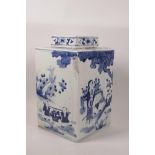 A large Chinese blue and white porcelain square section storage jar and cover decorated with figures