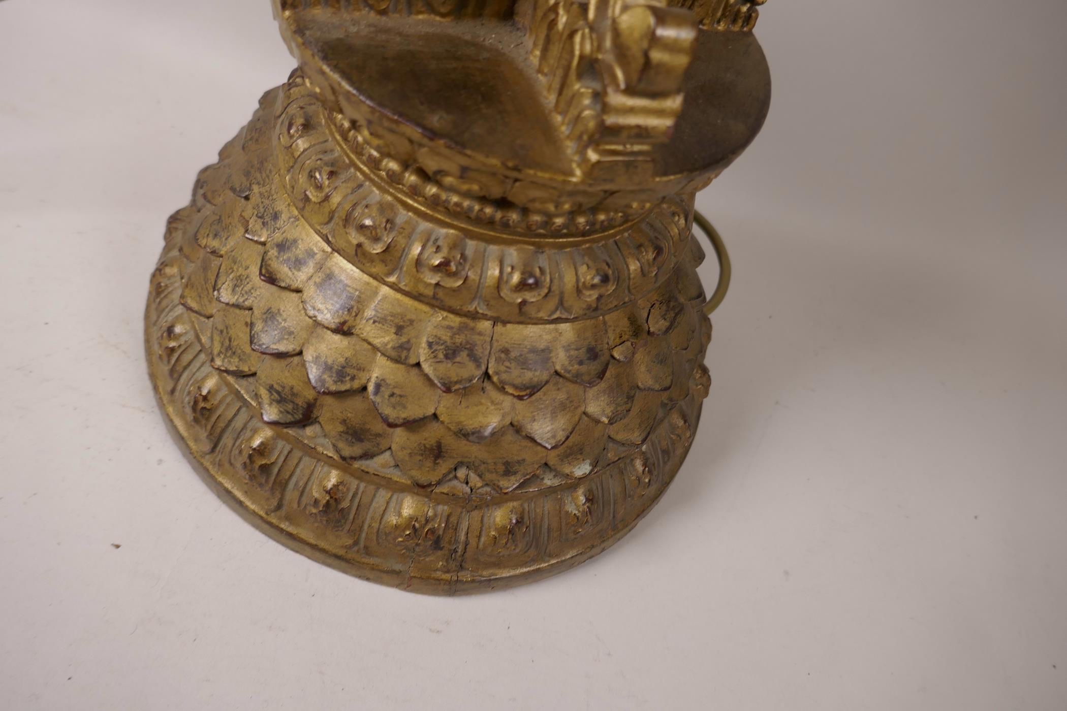 A carved, gilt wood table lamp base, the base and crown in the form of lotus flowers, 19" high - Image 2 of 2
