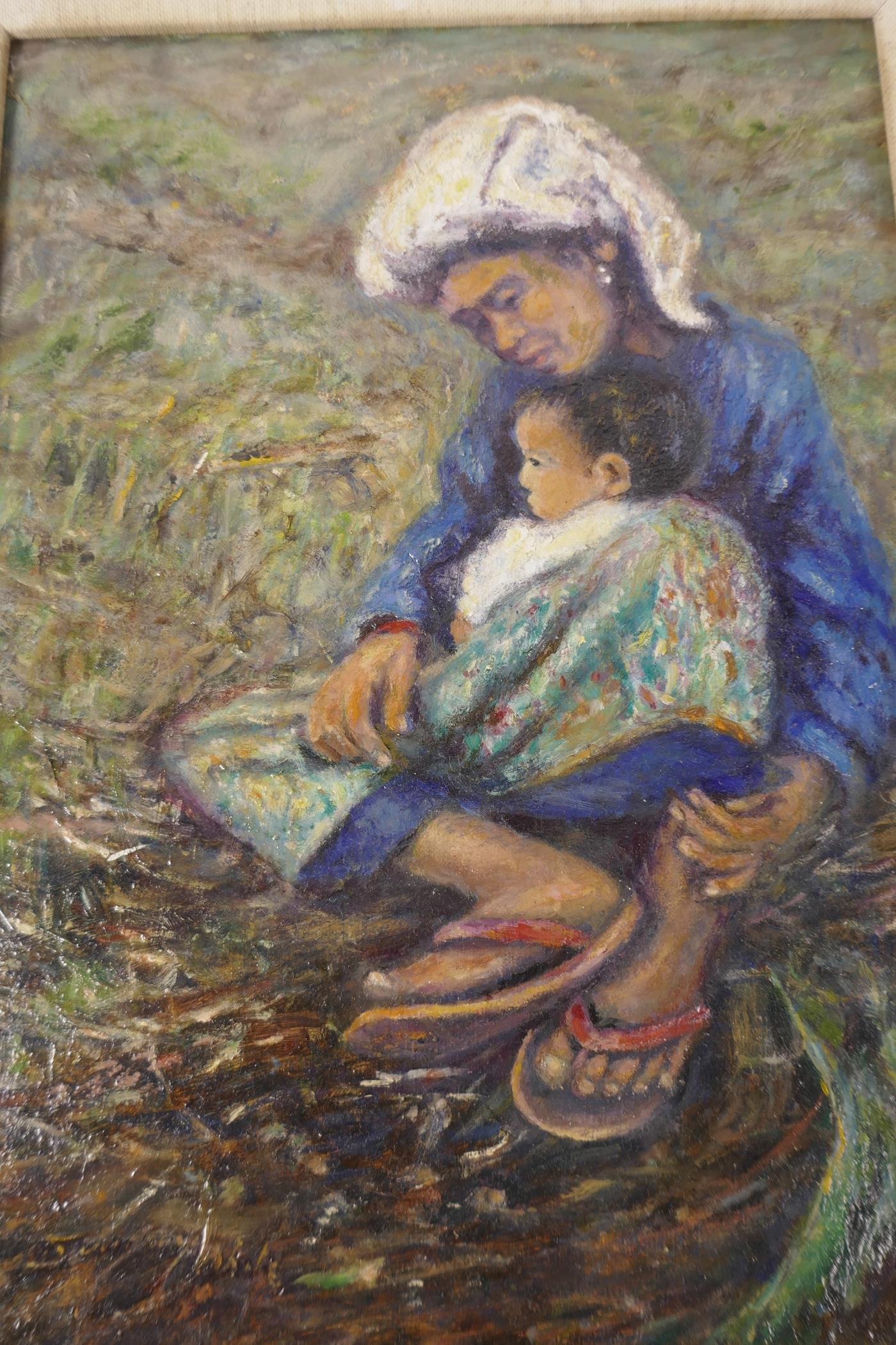 Sunny White, oil on canvas board, mother and child, titled verso 'Love', 9" x 13", together with - Image 2 of 3