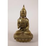 A small Sino-Tibetan bronze of Buddha seated on a lotus throne, 5" high