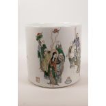 A Chinese famille verte porcelain brush pot decorated with immortals and deities, 6 character mark