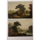 A pair of early C19th oil paintings on copper panels, rural landscapes with figures, unframed, 10" x