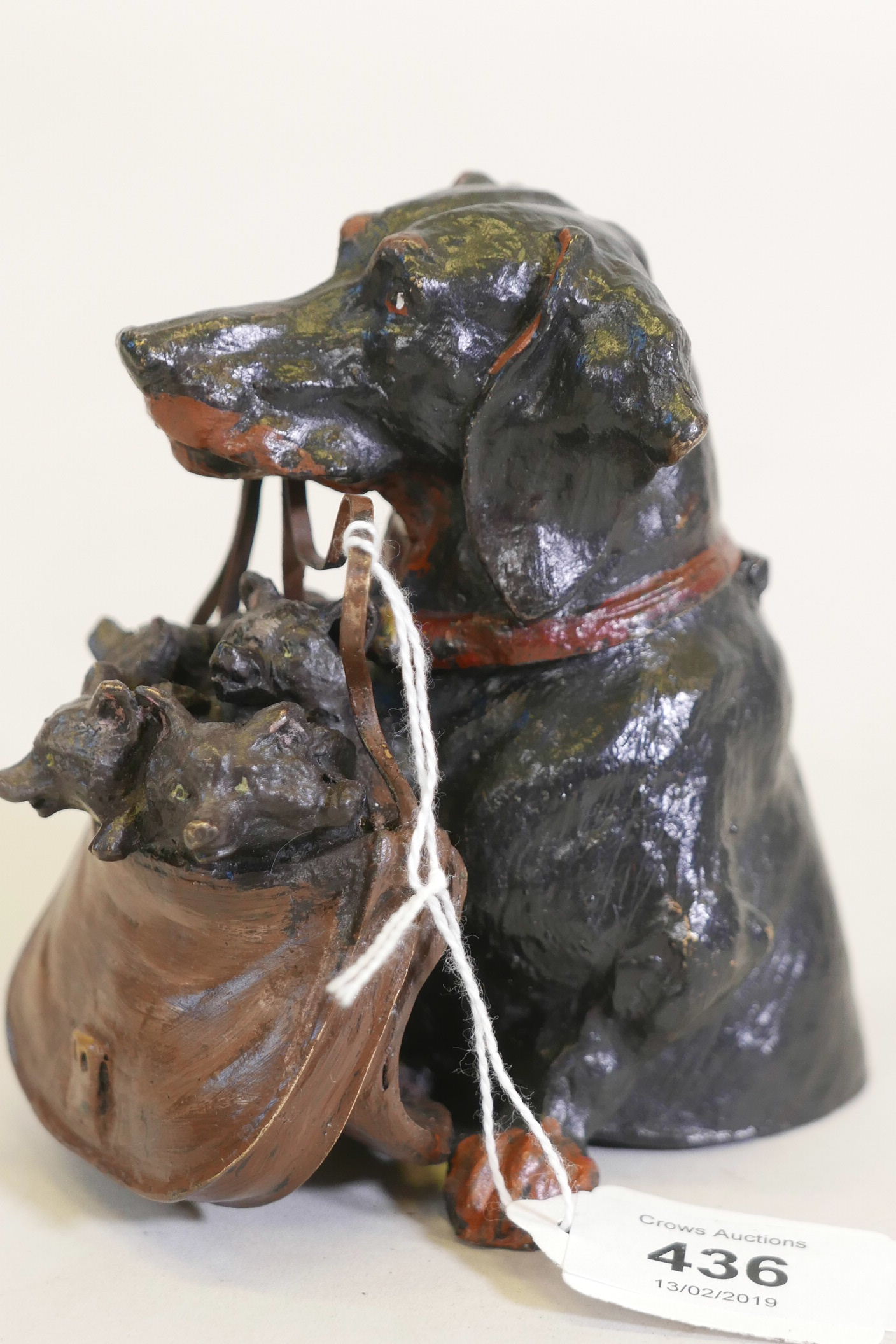 A cold painted bronze inkwell in the form of a dachshund with a satchel of puppies, 4½" high - Image 3 of 3