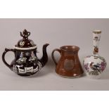 A small barge teapot, 7½" high, together with a studio pottery tankard and a Whieldon pottery bud