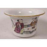 A C19th Chinese flared rim bowl, painted in bright enamels, with figures around a table, 3" dia