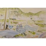 Jos. Oppenheimer(?), signed watercolour and gouache, boats in a coastal inlet, 20½" x 16"