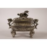 A Chinese silvered metal censer and cover with dragon decoration and handles, 6 character mark to