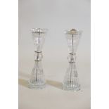 A pair of pressed glass and chrome table lamps, 13" high