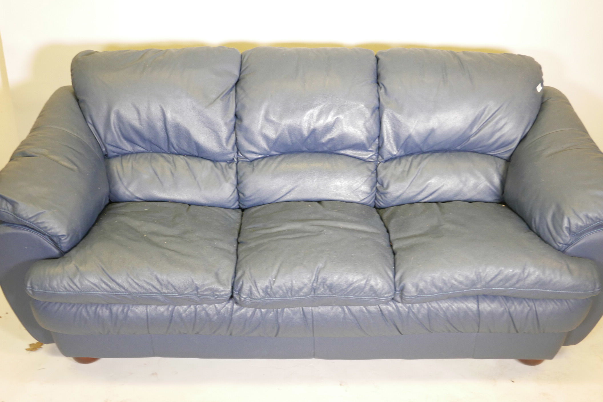 A blue leather three seater sofa, 84" wide - Image 3 of 3