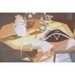 Glynn Boyd Harte, lithograph, still life, tea table with tricorn hat, probably Charlecote, unsigned,