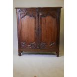 An early C19th French carved pine two door armoire/cupboard with carved decoration, raised on shaped