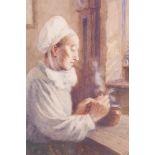 A C19th watercolour, woman at a window, signed Manguet(?), 11" x 9"