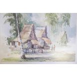 A J Rahman, Malaysian village scene, watercolour, signed, mid C20th, 10" x 14"