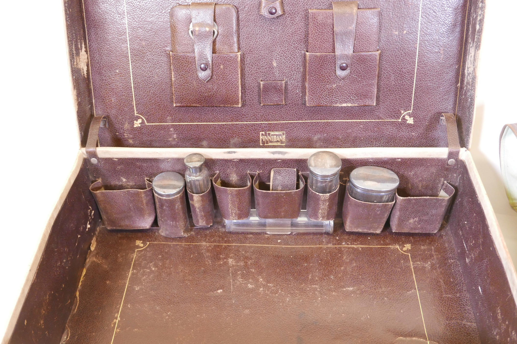 A Finnigans pigskin suitcase with hallmarked silver topped vanity bottles, 23" x 14" x 6½", together - Image 2 of 3