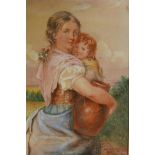 A C19th watercolour, young woman and child, signed indistinctly, C Cawis(?), 1868, 10" x 7"