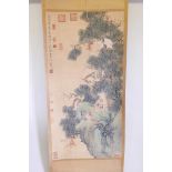 A large Chinese watercolour scroll depicting monkeys in a cypress tree, 26" x 53"