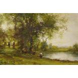 G. de Angelis, oil on canvas, landscape with figures by a river, titled to frame, 'Peaceful