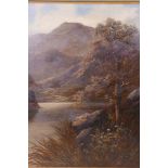 Hicks, C19th oil on canvas, lake scene with mountains, signed, 25" x 30", relined
