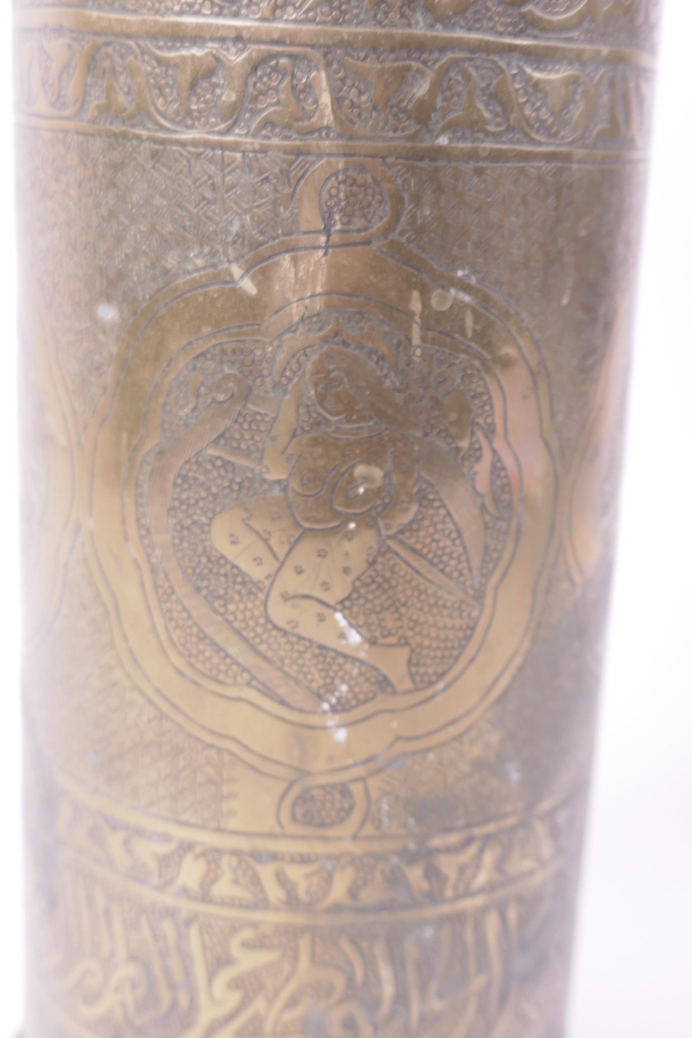 Trench Art, a brass shell case engraved with panels of figures, Persian patterns and script, - Image 2 of 3