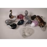 Five Wedgwood glass animal paperweights, elephant, rabbit, squirrel, bird and badger, together
