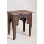 A C19th Moorish style side table with poker work decoration, 13" x 18" x 21"