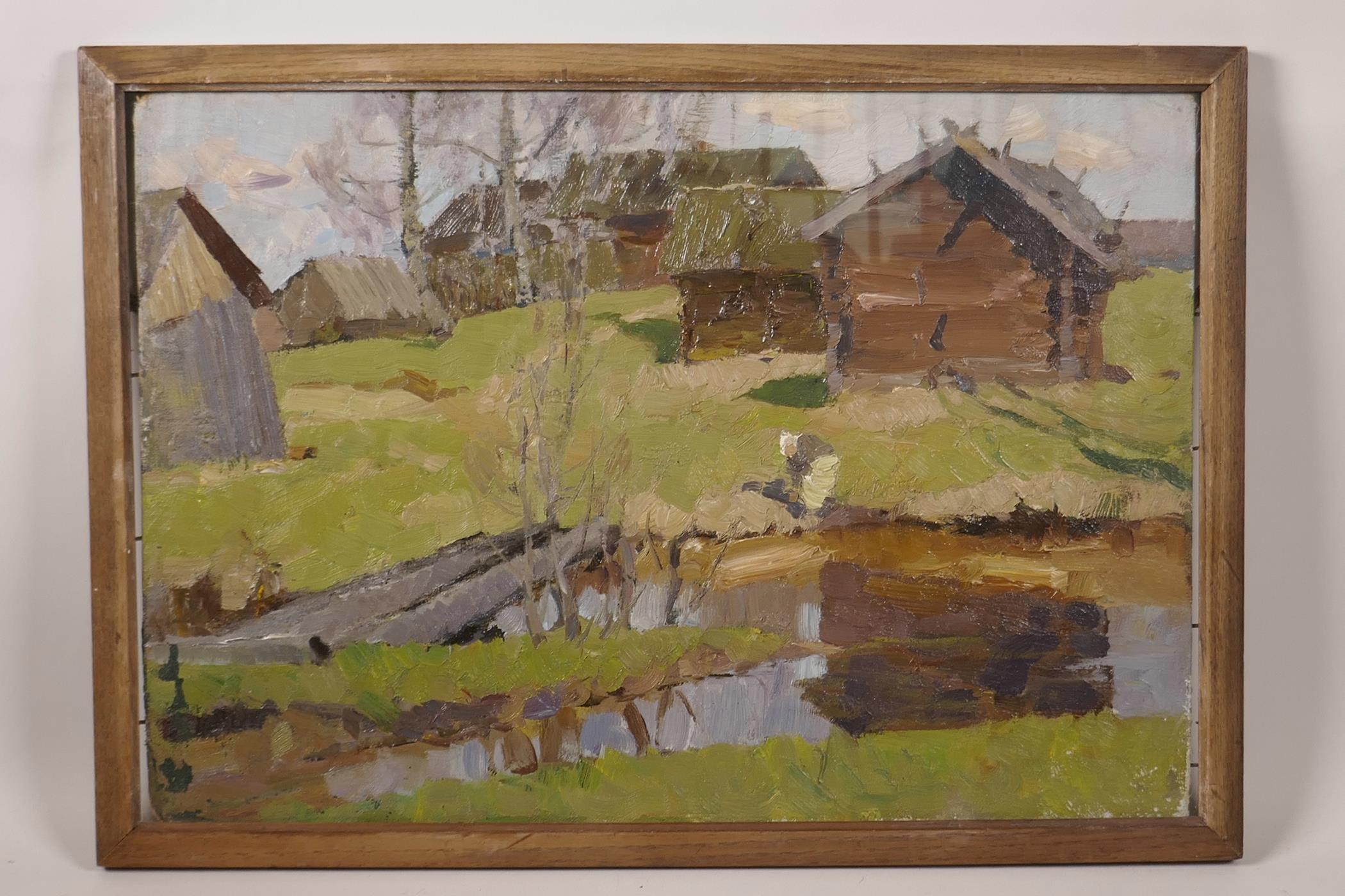 A Russian School oil painting, dwellings in a landscape with figures by a lake to foreground, signed - Image 2 of 3