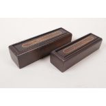 A Chinese hardwood seal box with inset walnut decoration to lid, together with another smaller, 5" x