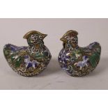 Two small cloisonné trinket boxes in the form of water fowl, 2½" long