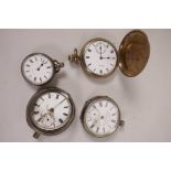 Three silver cased pocket watches and a Waltham rolled gold cased pocket watch, all A/F