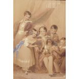 Henry Bryan Ziegler, signed watercolour, portrait of a family group of children with a spaniel,