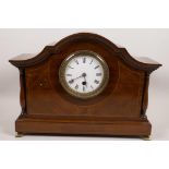 An Edwardian inlaid mahogany cased mantel clock with white enamel dial and Roman numerals, 14" wide,