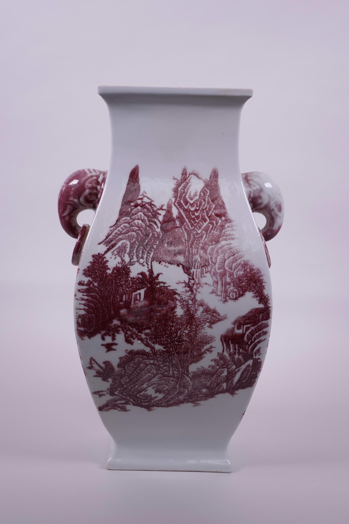 A large Chinese red and white porcelain vase with two elephant head handles, decorated with - Image 3 of 7