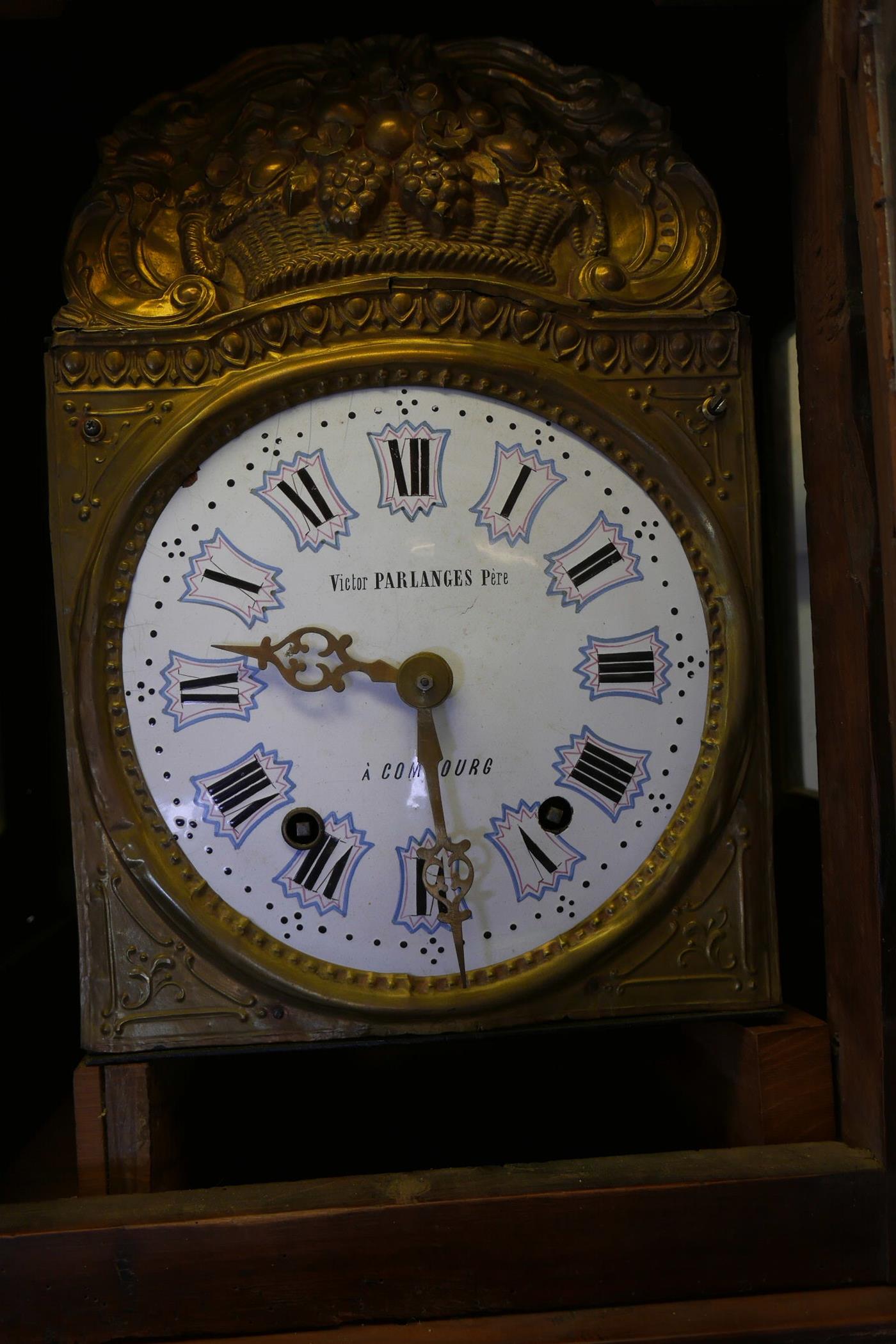 A C19th French comtoise longcase clock, with inlaid and carved fruitwood case, the enamel dial set - Image 3 of 5