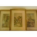 Three C19th watercolour drawings of cottages and figures in rural landscapes, each 12" x 7½"