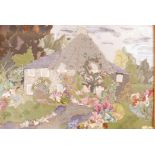 A collage of fabric, inscribed verso East Cottage, Oldbury, Kent, by Hester Hall, in a gilt frame,