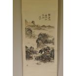 A Chinese watercolour scroll depicting a rural riverside landscape, 21" x 39"