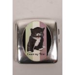 A hallmarked silver cigarette case with a later cold enamel plaque depicting a kitten with the