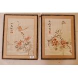 A pair of Chinese embroideries on silk, in lacquer frames, early C20th