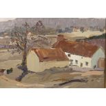 A Russian School oil on panel, dwellings in a landscape, indistinctly signed in Cyrillic, 19½" x