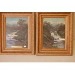 T. Fairfax, a pair of oils on board, waterfalls, signed, in good gilt frames, late C19th, 18" x 25"