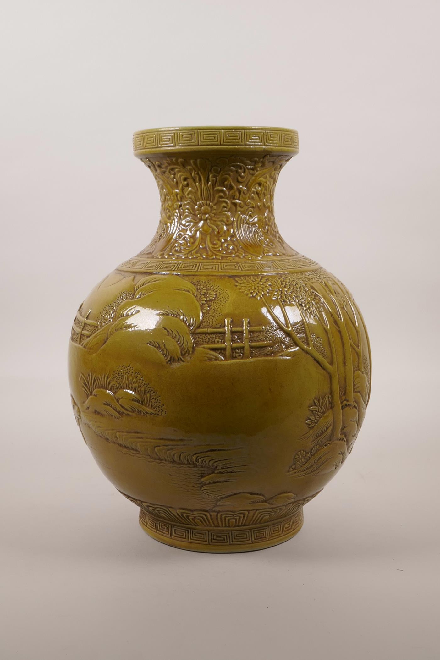 A large Chinese ochre glazed pottery vase with raised decoration of everyday village life, impressed - Image 3 of 5