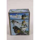 A small Japanese cloisonné enamel box decorated with cranes on a pale blue ground, 2½" x 2" x 1½"