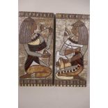 A pair of glazed ceramic plaques depicting Egyptian figures, signed Picard, 19" x 9"