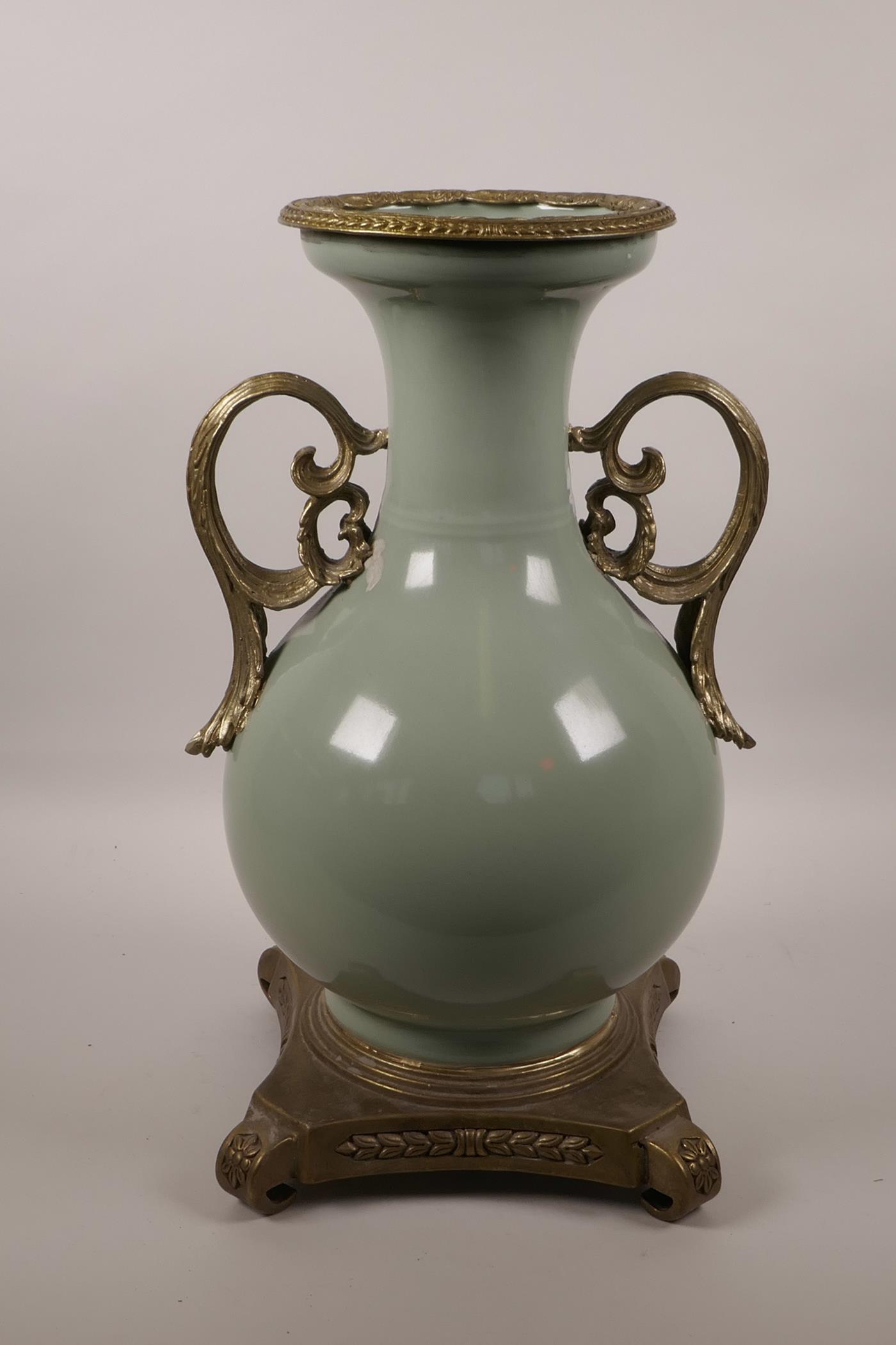 A Chinese celadon ground porcelain vase with later applied ormolu mounts and handles, and white - Image 5 of 6
