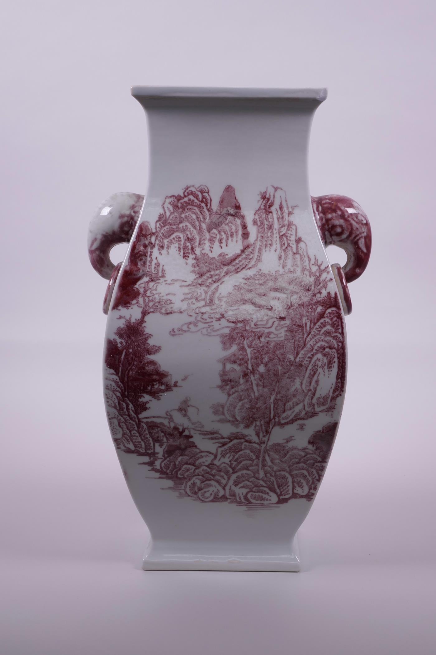 A large Chinese red and white porcelain vase with two elephant head handles, decorated with - Image 5 of 7