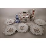 A collection of miscellaneous Chinese porcelain, to include a red and white pottery vase with two